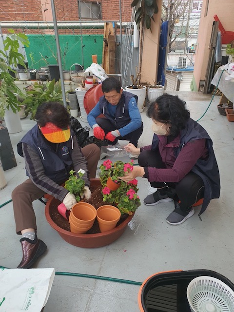 치매예방을 위한 원예치료 및 정리수납 봉사치매예방을 위한 원예치료 2차 사업에서 참여자들이 화분에 흙과 원예를 옮겨담고 있는 모습