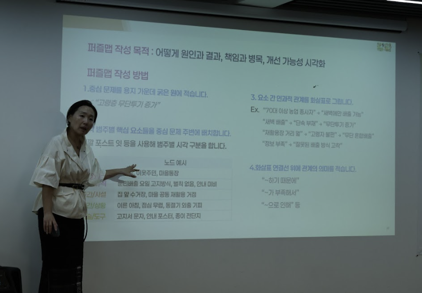 퍼즐맵 작성 목적이라 적힌 프레젠테이션 앞에서 손으로 가리키며 설명하고 있는 진행자의 모습