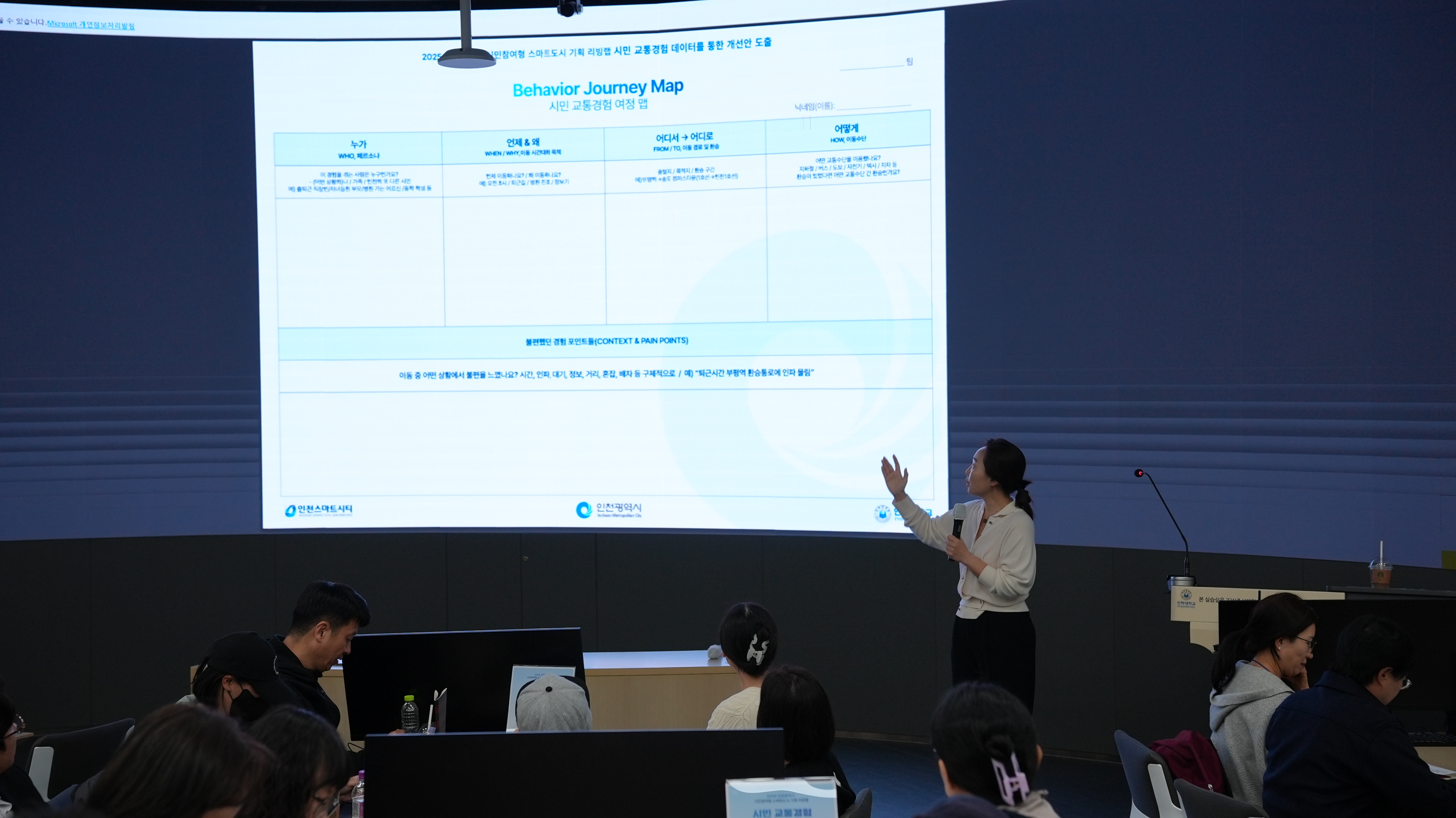 시민 교통경험 여정맵이라는 내용의 프레젠테이션을 가리키며 설명하는 진행자의 모습